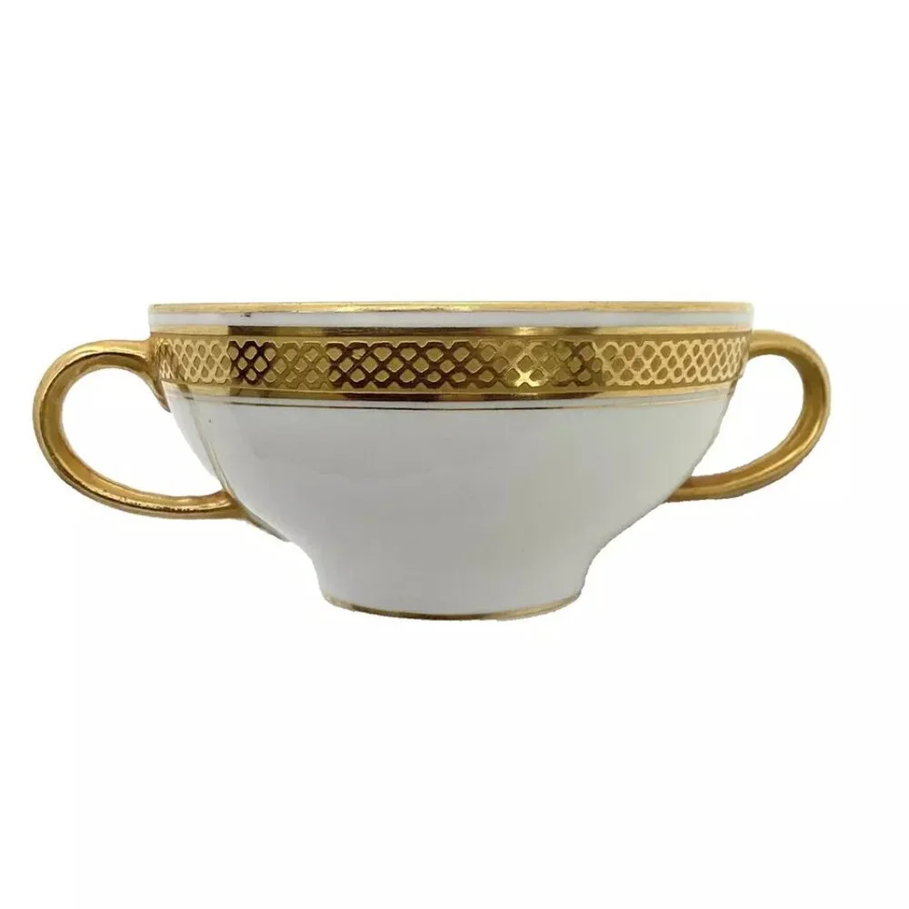 2 Limoges France W.G. & Co. Footed Bouillion Soup Cups Gold Bands Pattern GUE119